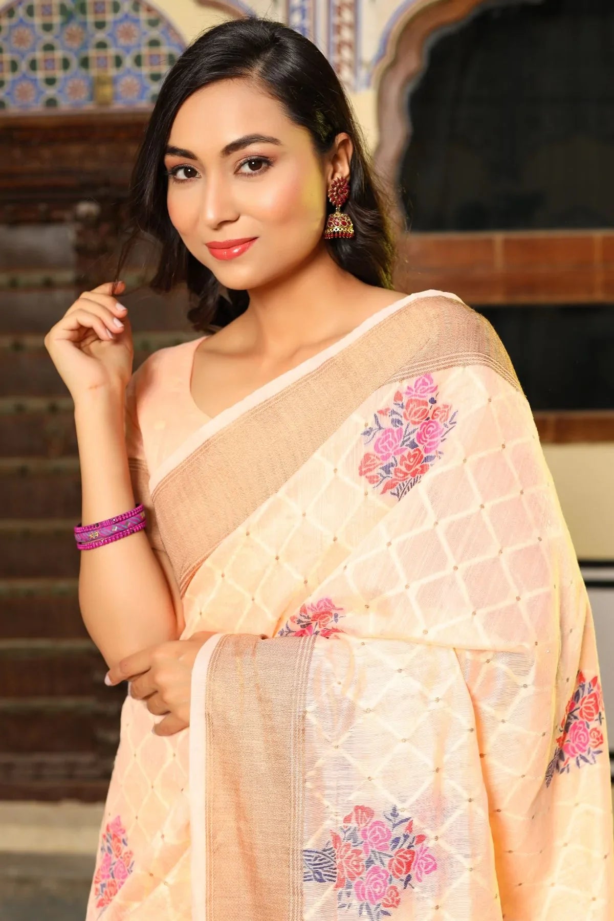 Tequila Peach Zari Woven Linen Saree