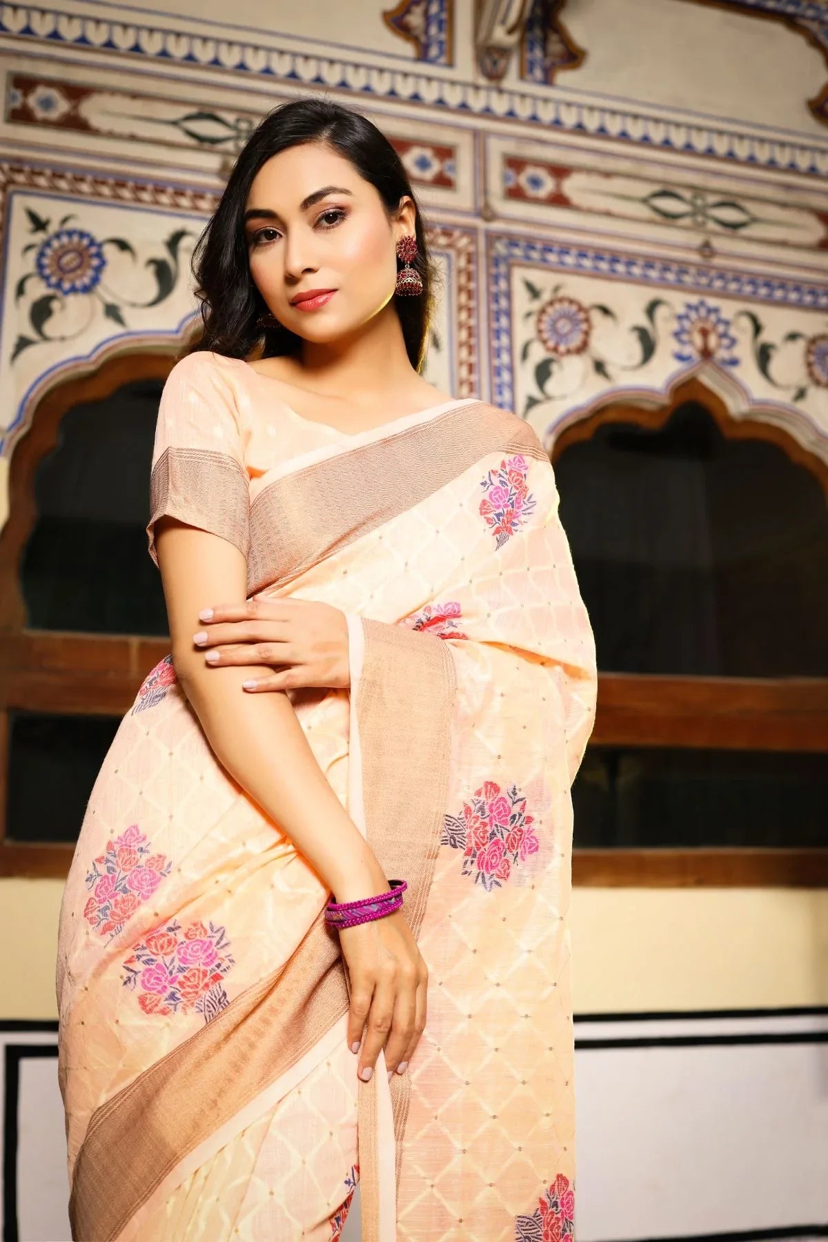 Tequila Peach Zari Woven Linen Saree