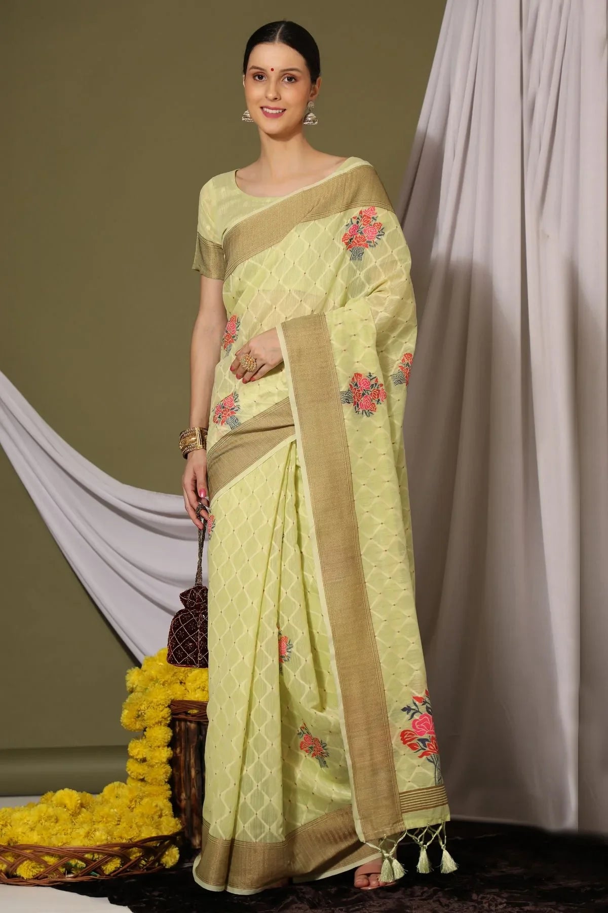 Willow Pista Zari Woven Linen Saree