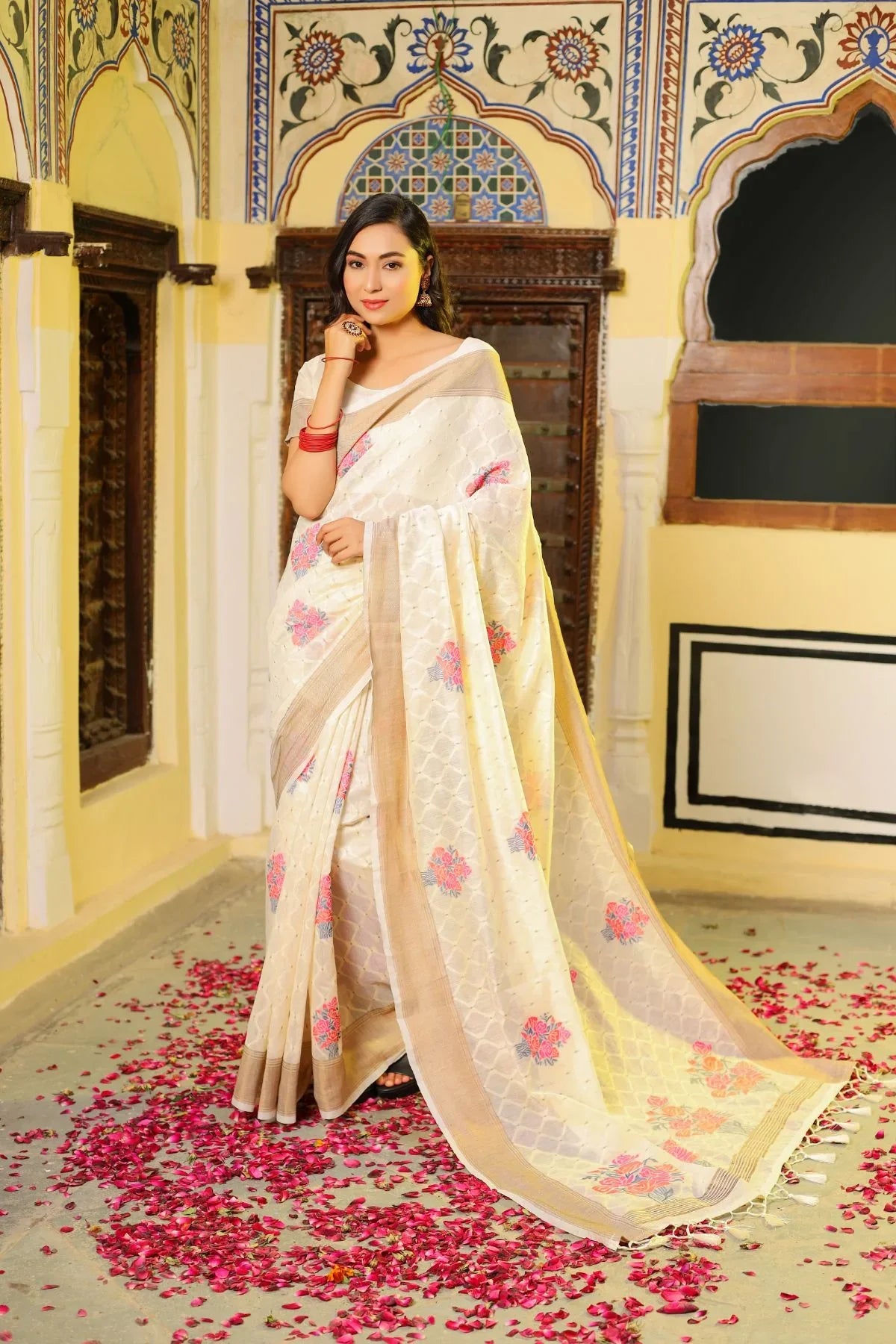 Oasis White Zari Woven Linen Saree