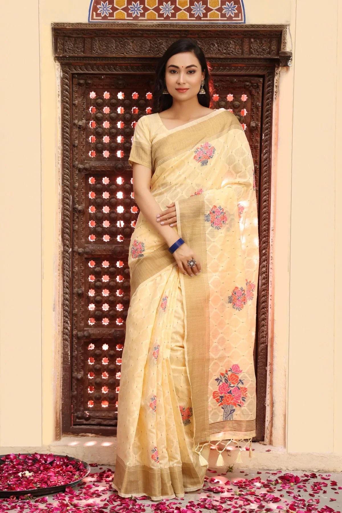 Mania Yellow Zari Woven Linen Saree