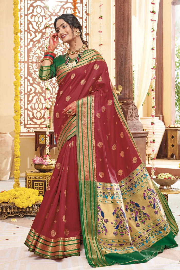 Apple Red Woven Paithani Saree