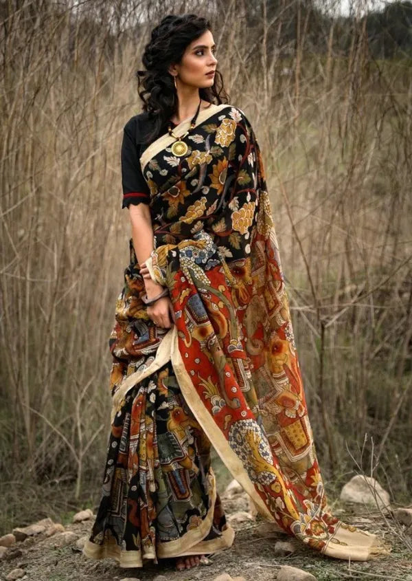 Kalamkari Printed Pure Linen Saree