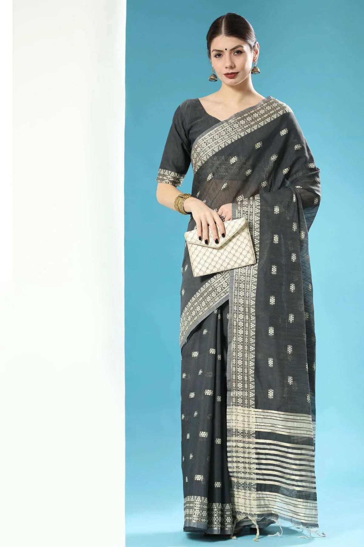 Dune Black Lucknowi Cotton Saree