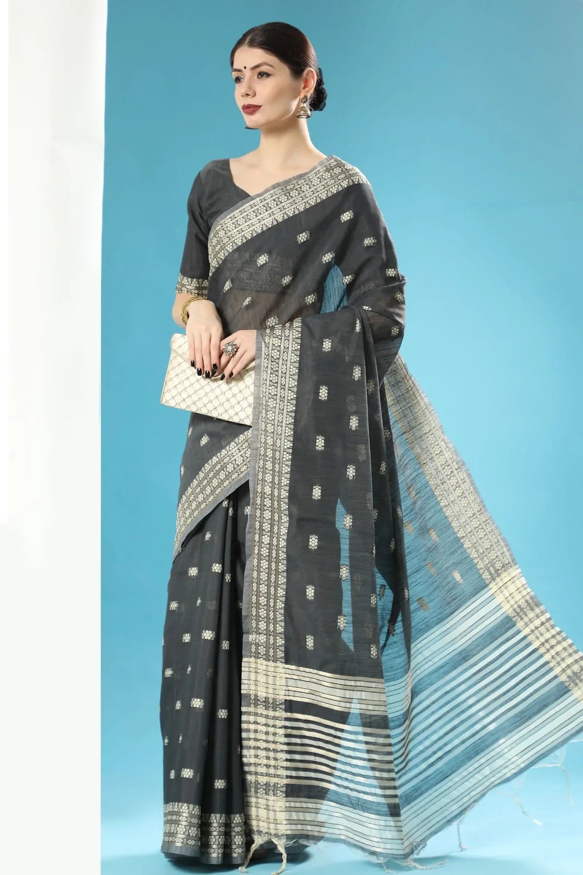 Dune Black Lucknowi Cotton Saree