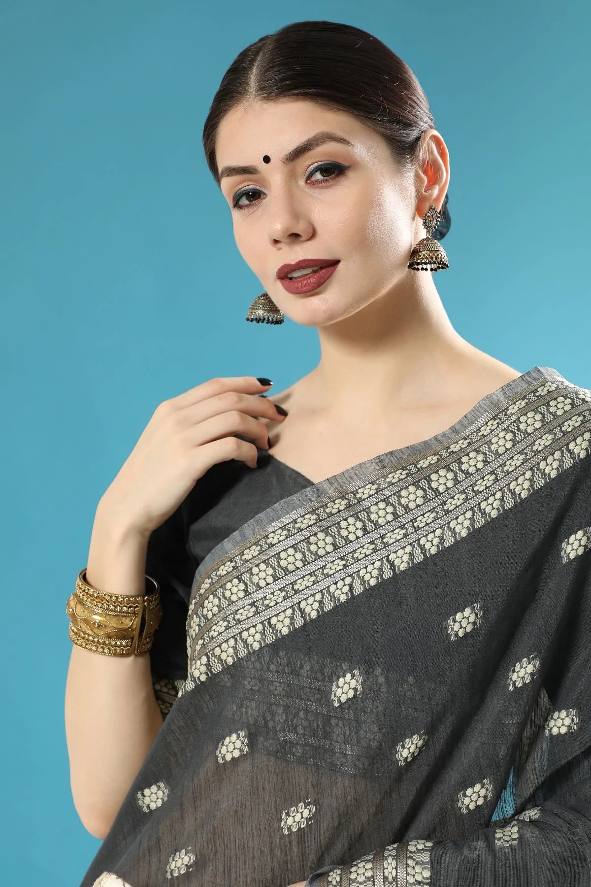 Dune Black Lucknowi Cotton Saree