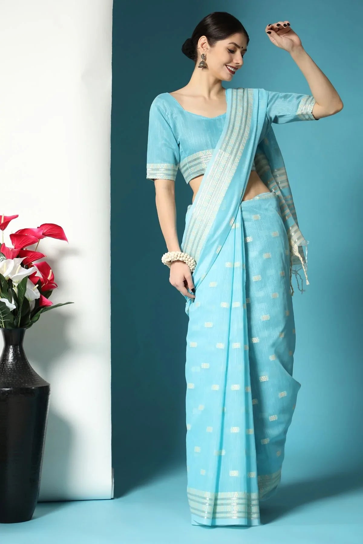 Sky Blue Lucknowi Cotton Saree