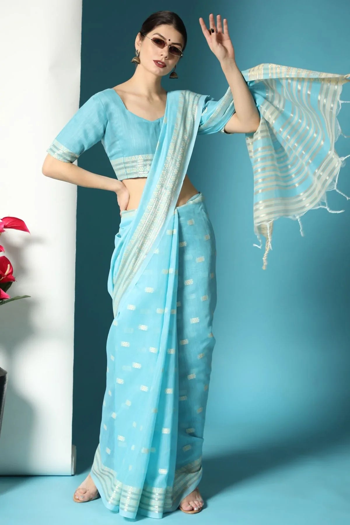 Sky Blue Lucknowi Cotton Saree