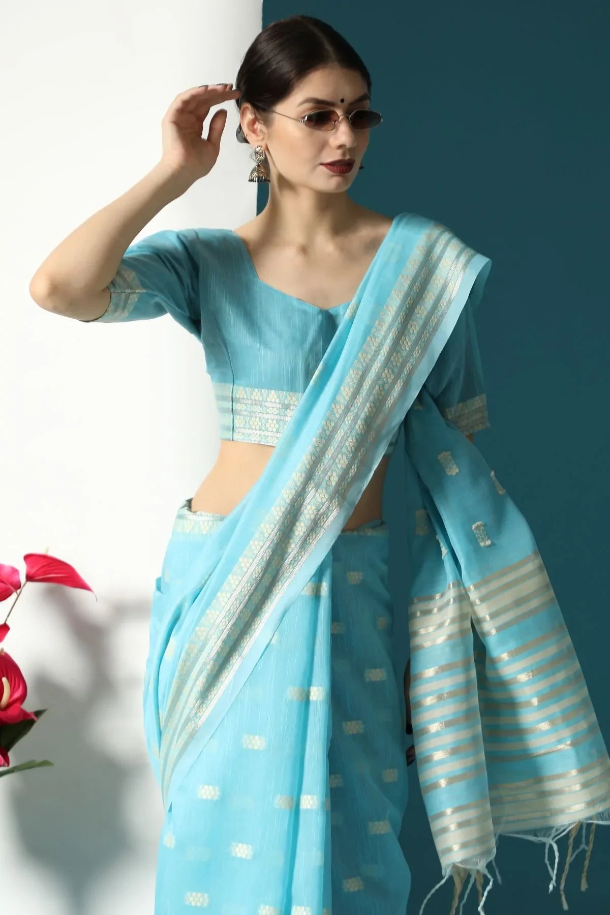 Sky Blue Lucknowi Cotton Saree