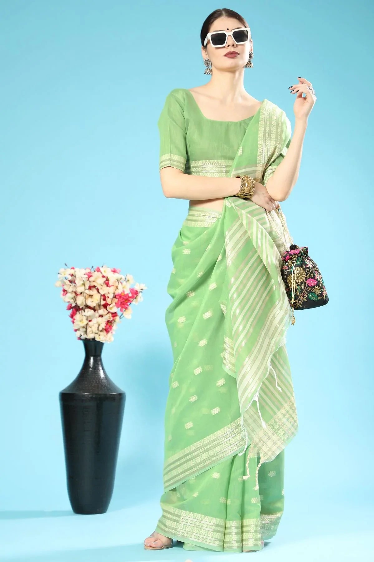 Algae Green Lucknowi Cotton Saree