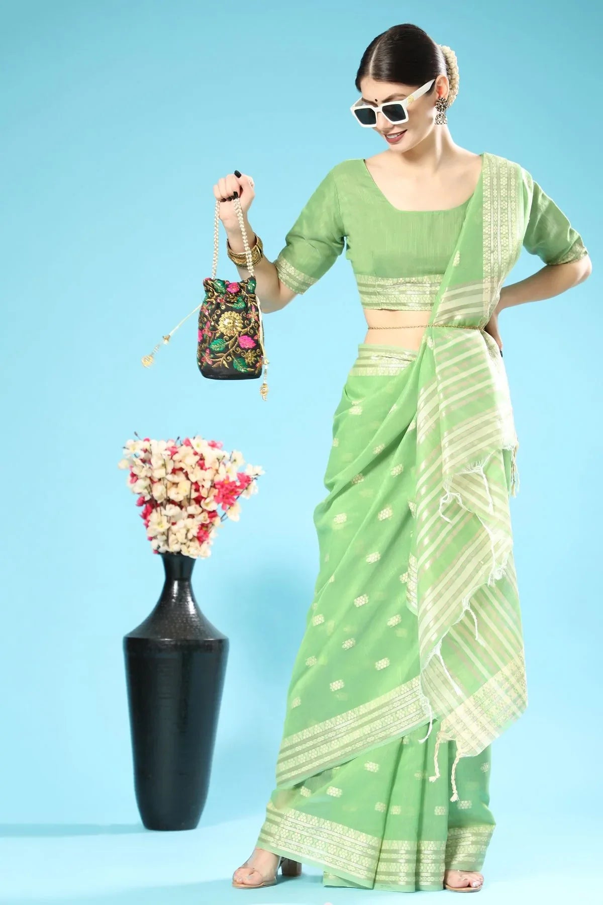 Algae Green Lucknowi Cotton Saree