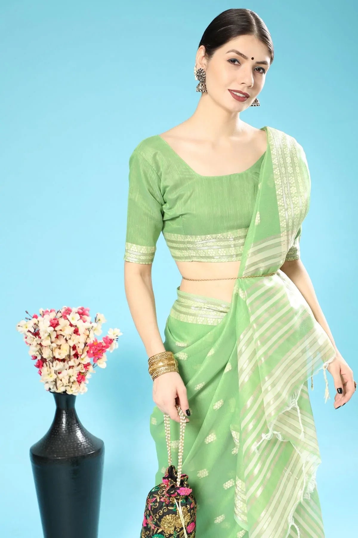 Algae Green Lucknowi Cotton Saree