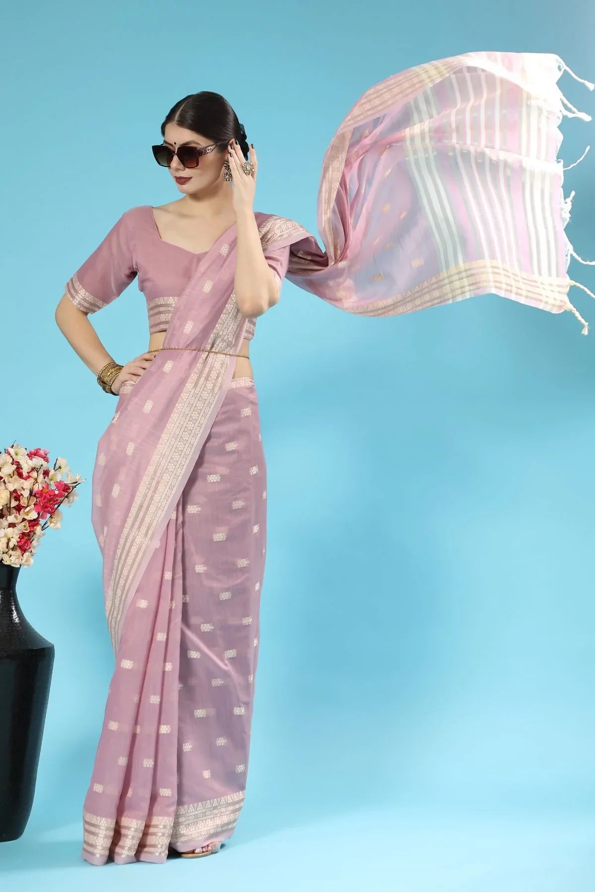 Quicksand Purple Lucknowi Cotton Saree