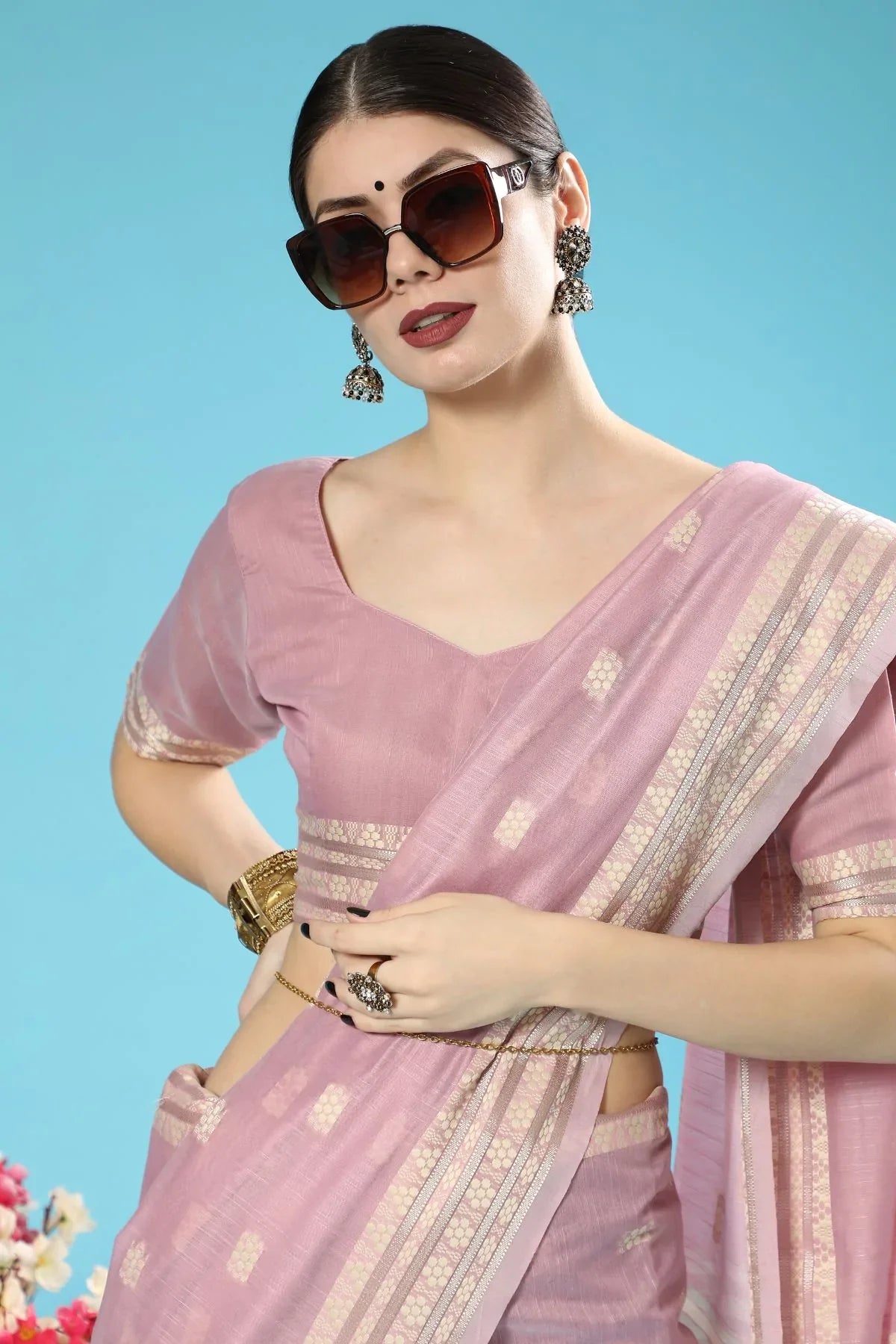 Quicksand Purple Lucknowi Cotton Saree