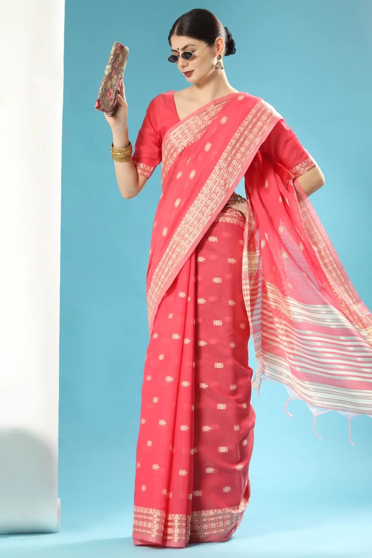 Salmon Red Lucknowi Cotton Saree