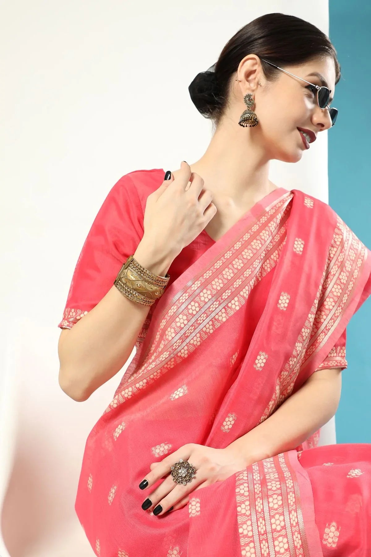 Salmon Red Lucknowi Cotton Saree