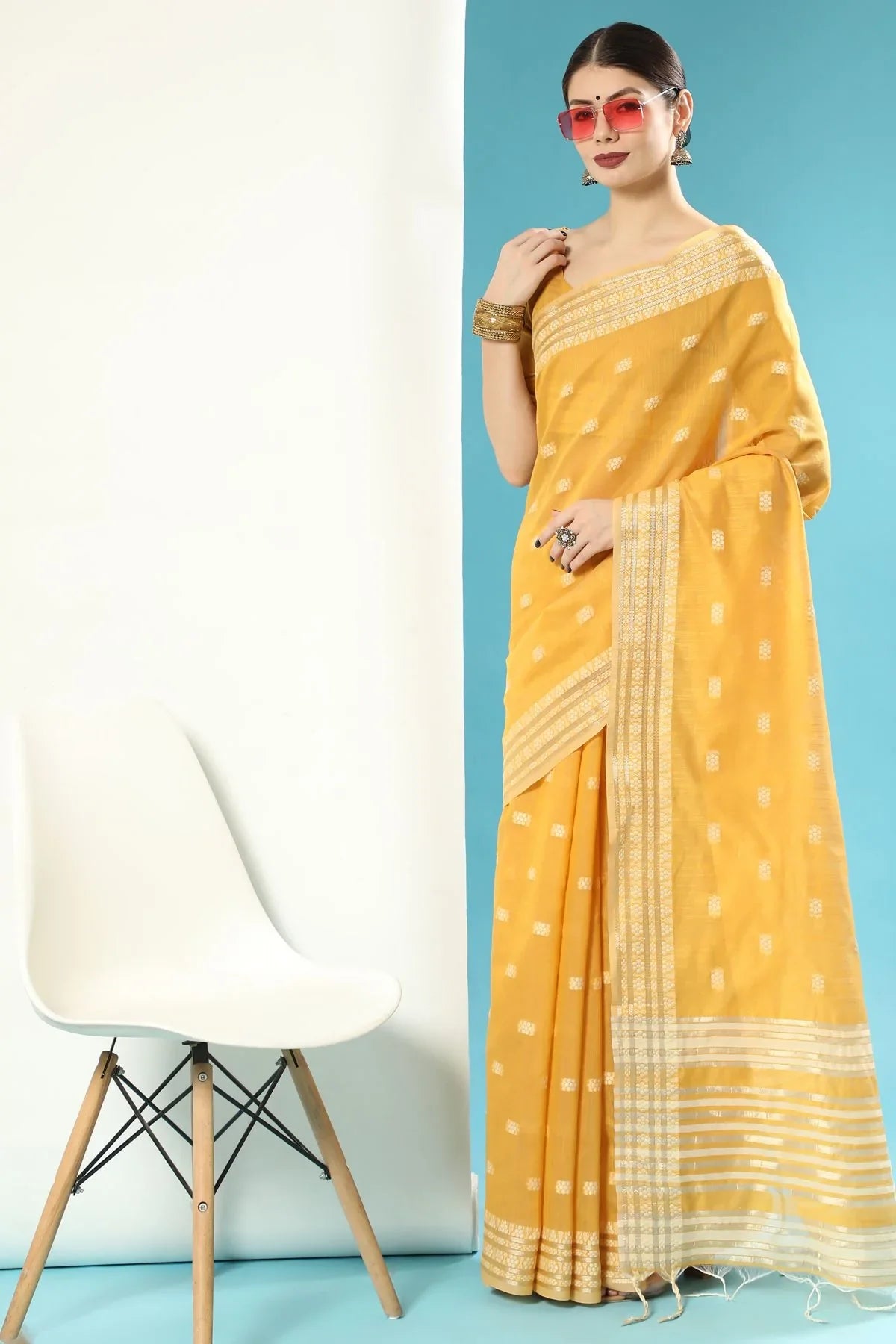 Mustard Yellow Lucknowi Cotton Saree