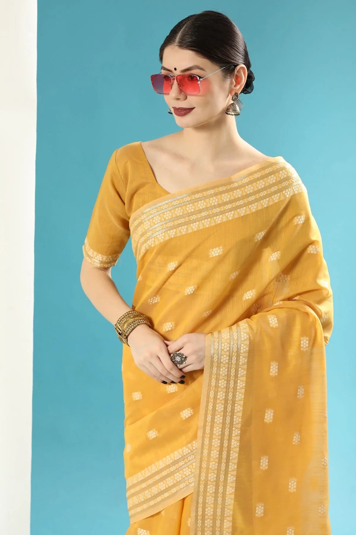 Mustard Yellow Lucknowi Cotton Saree