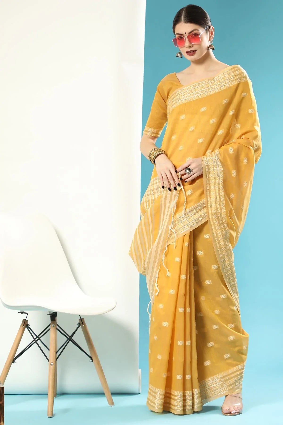 Mustard Yellow Lucknowi Cotton Saree