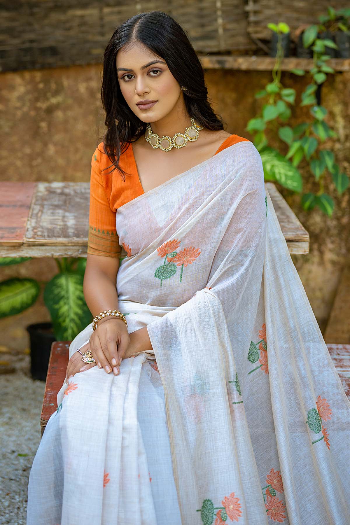 Off White-Orange Muga Lotus Cotton Saree With Thread Woven Pallu