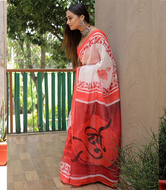 White and Red Color Linen Digital Printed Saree