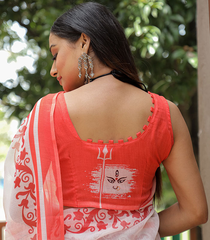 White and Red Color Linen Digital Printed Saree