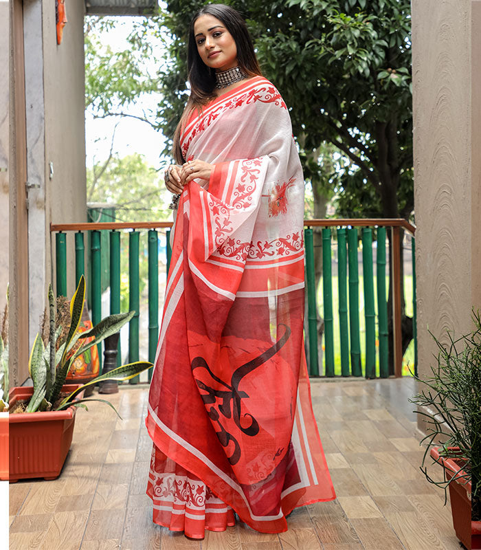 White and Red Color Linen Digital Printed Saree