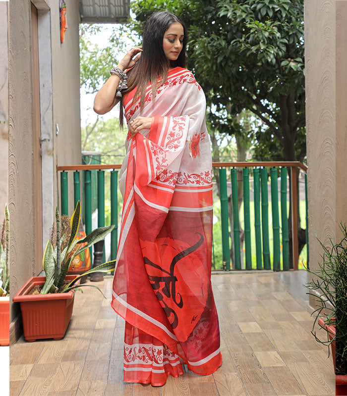 White and Red Color Linen Digital Printed Saree