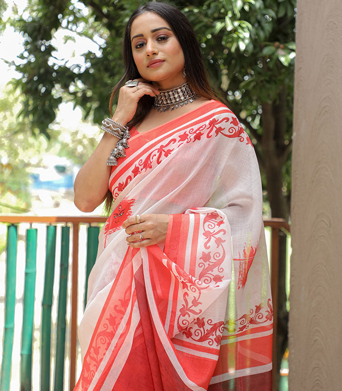 White and Red Color Linen Digital Printed Saree