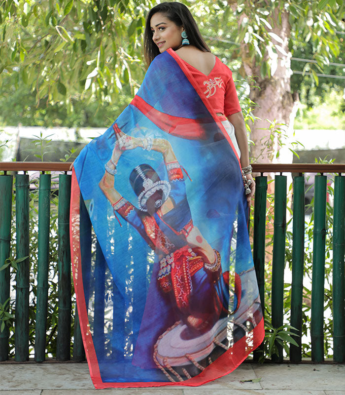 Blue and Red Color Linen Digital Printed Saree