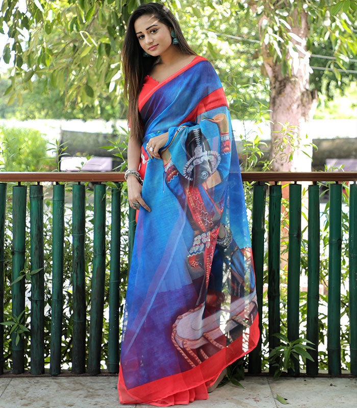 Blue and Red Color Linen Digital Printed Saree