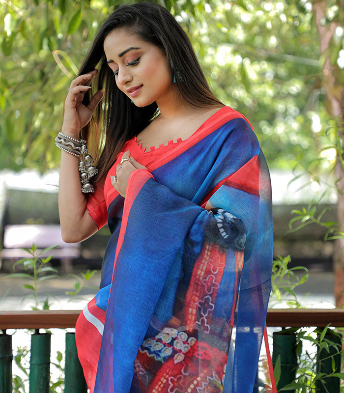 Blue and Red Color Linen Digital Printed Saree