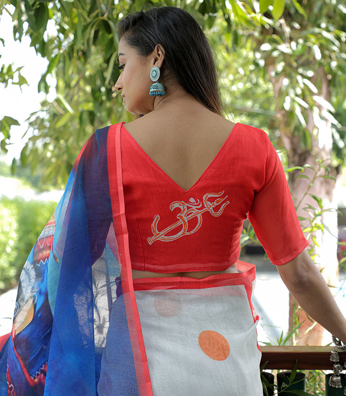 Blue and Red Color Linen Digital Printed Saree