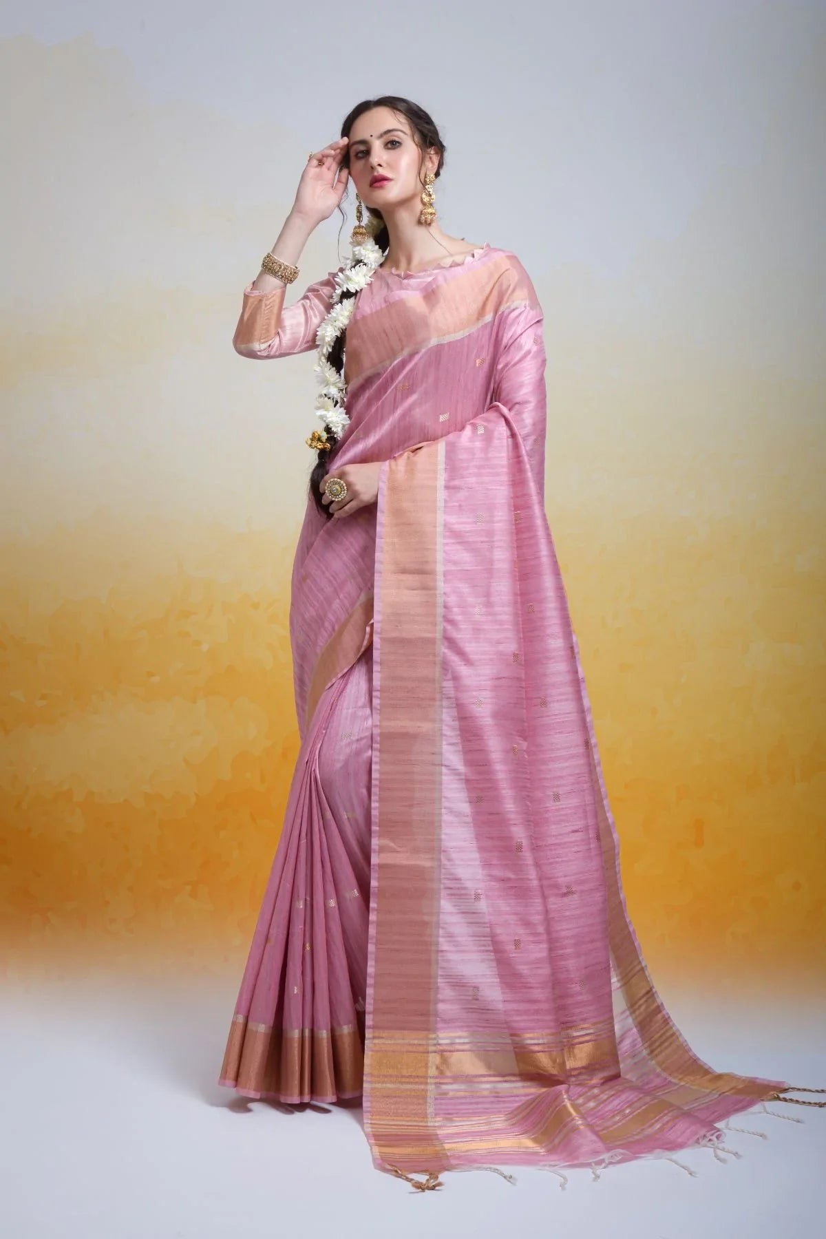 Eunry Pink Cotton Silk Saree