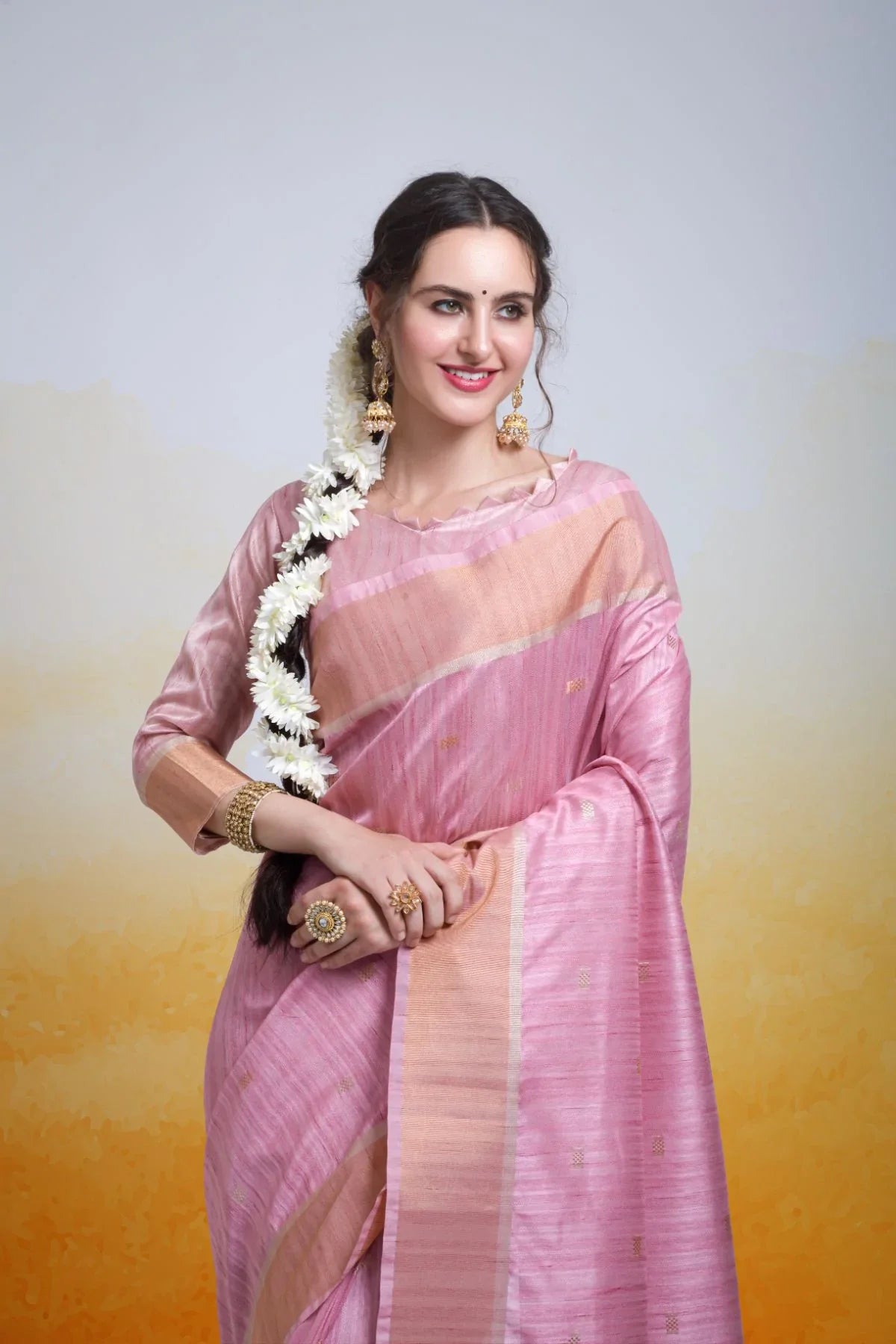 Eunry Pink Cotton Silk Saree