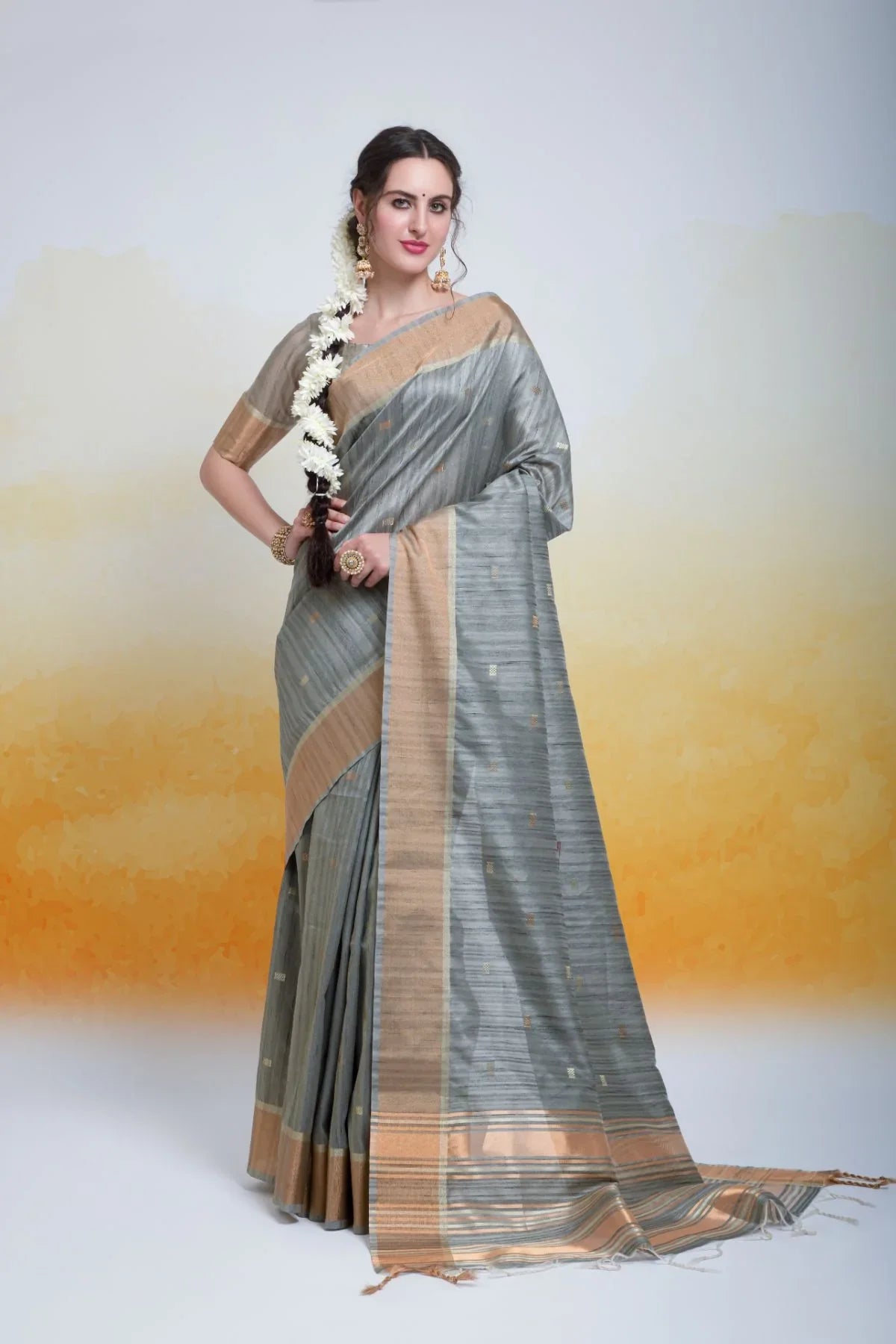 Stone Grey Cotton Silk Saree