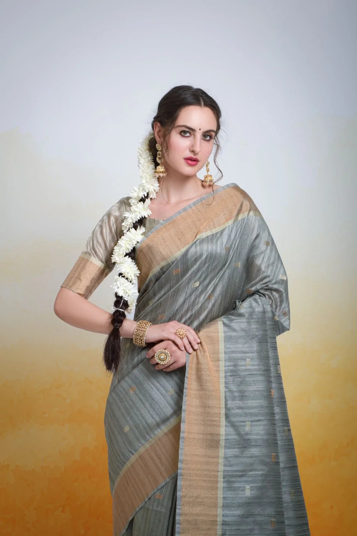 Stone Grey Cotton Silk Saree