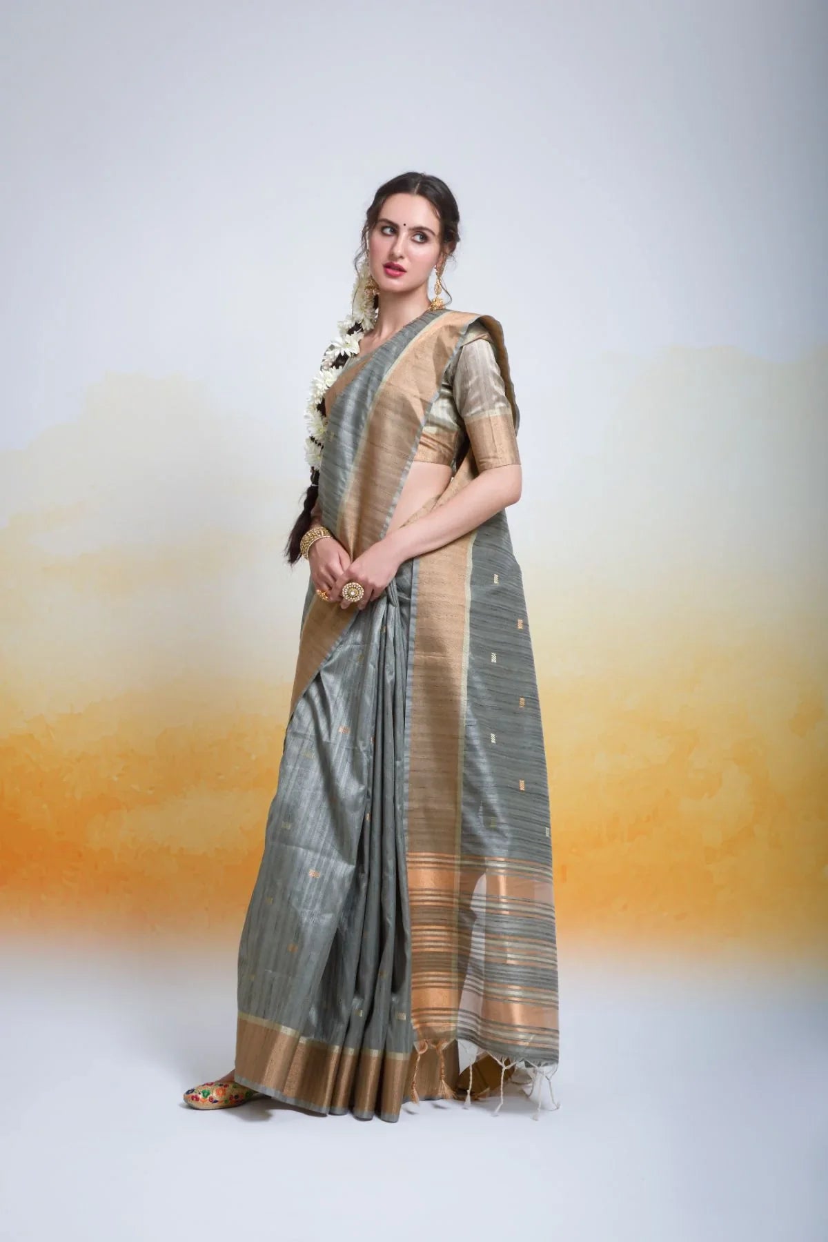 Stone Grey Cotton Silk Saree