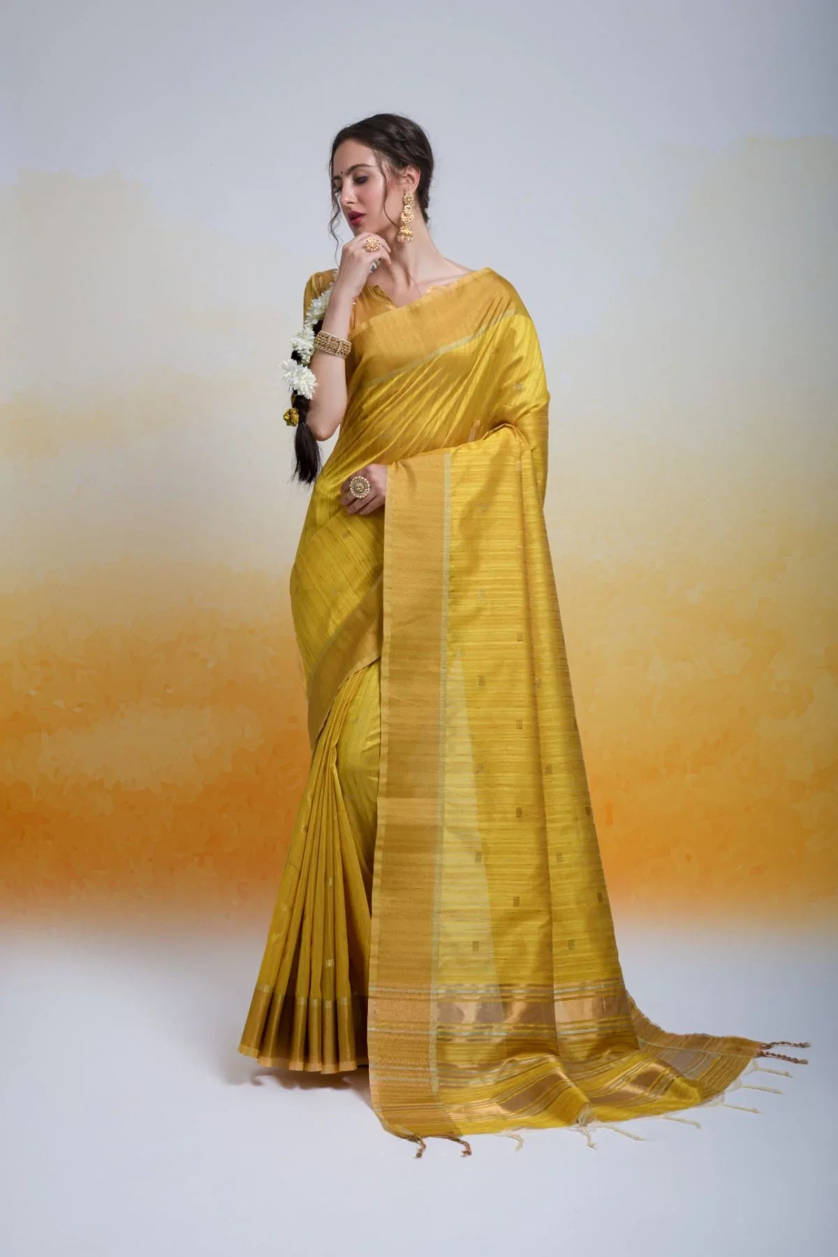 Tussock Yellow Cotton Silk Saree