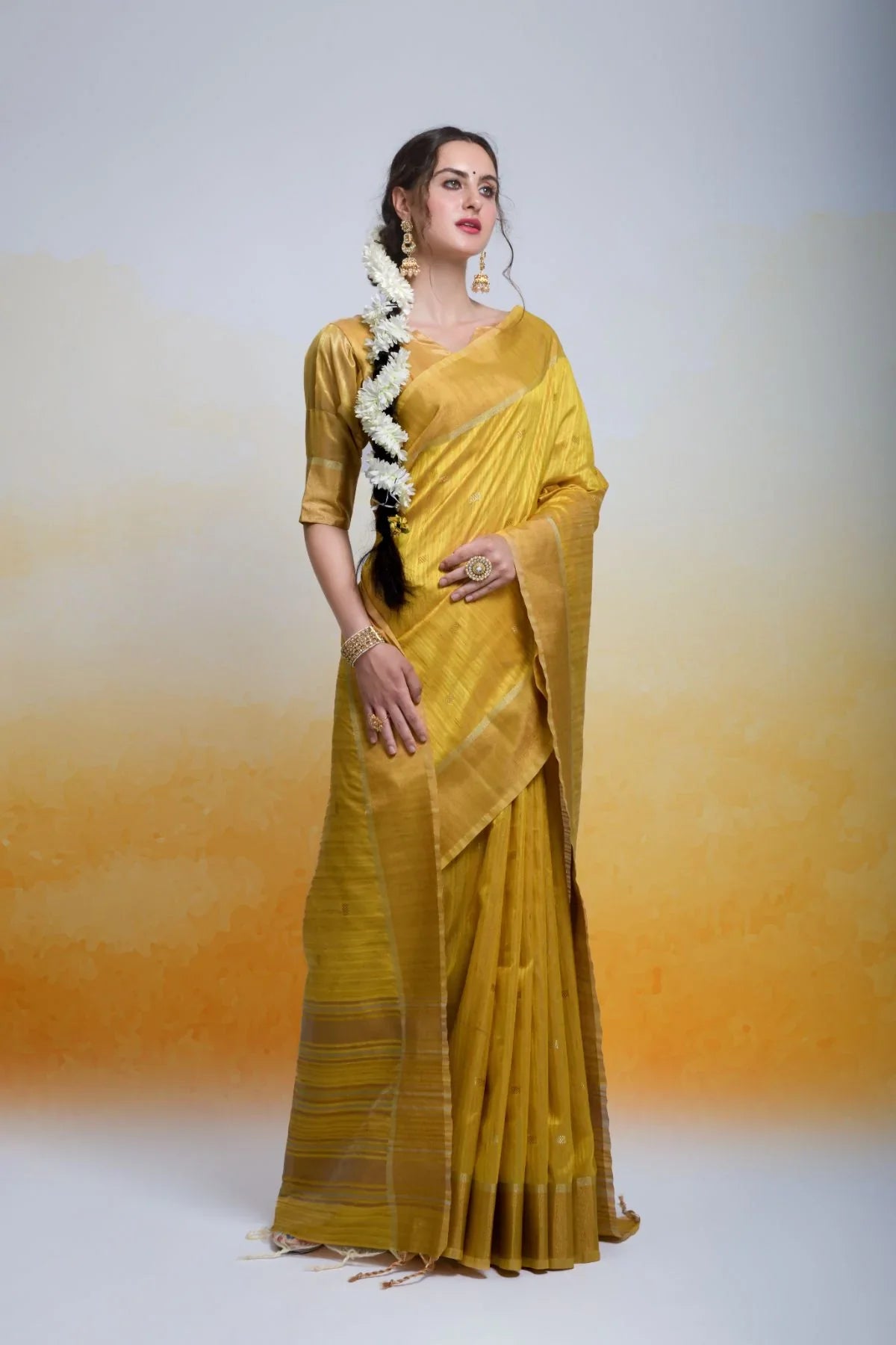 Tussock Yellow Cotton Silk Saree