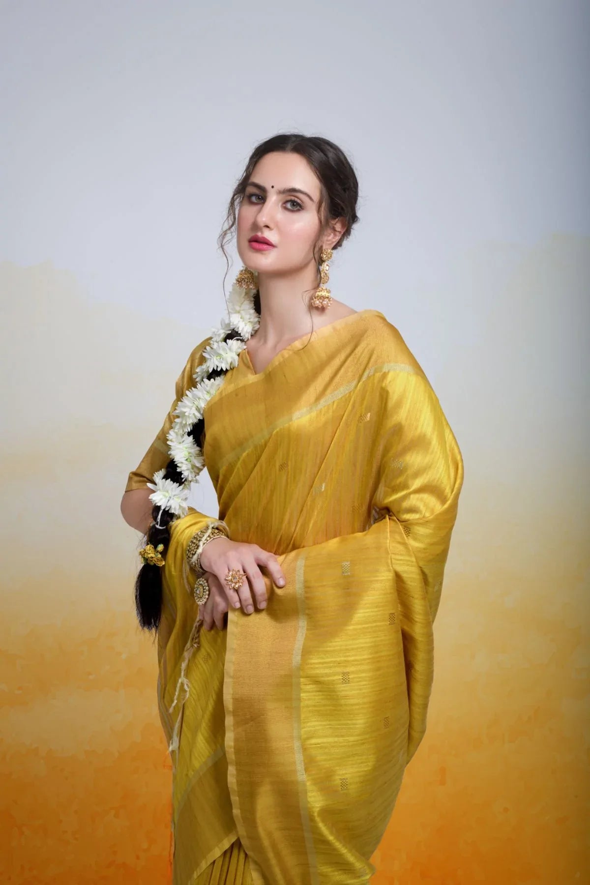 Tussock Yellow Cotton Silk Saree