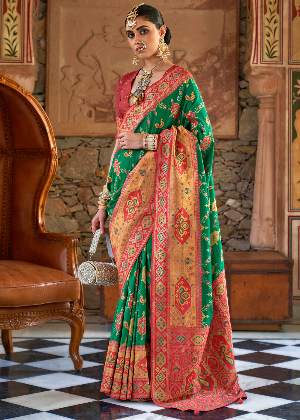 Jewel Green and Red Woven Banarasi Saree