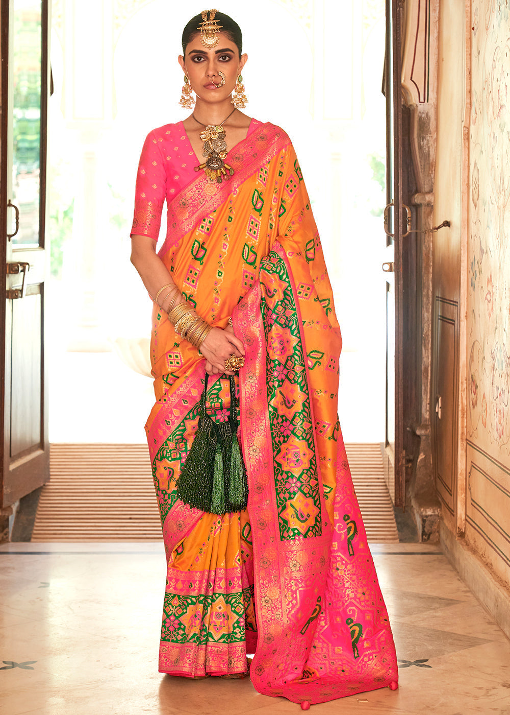 Chardonnay Orange and Pink Woven Banarasi Saree