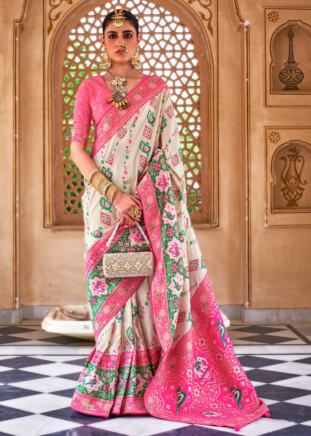 Pearl White and Pink Woven Banarasi Saree