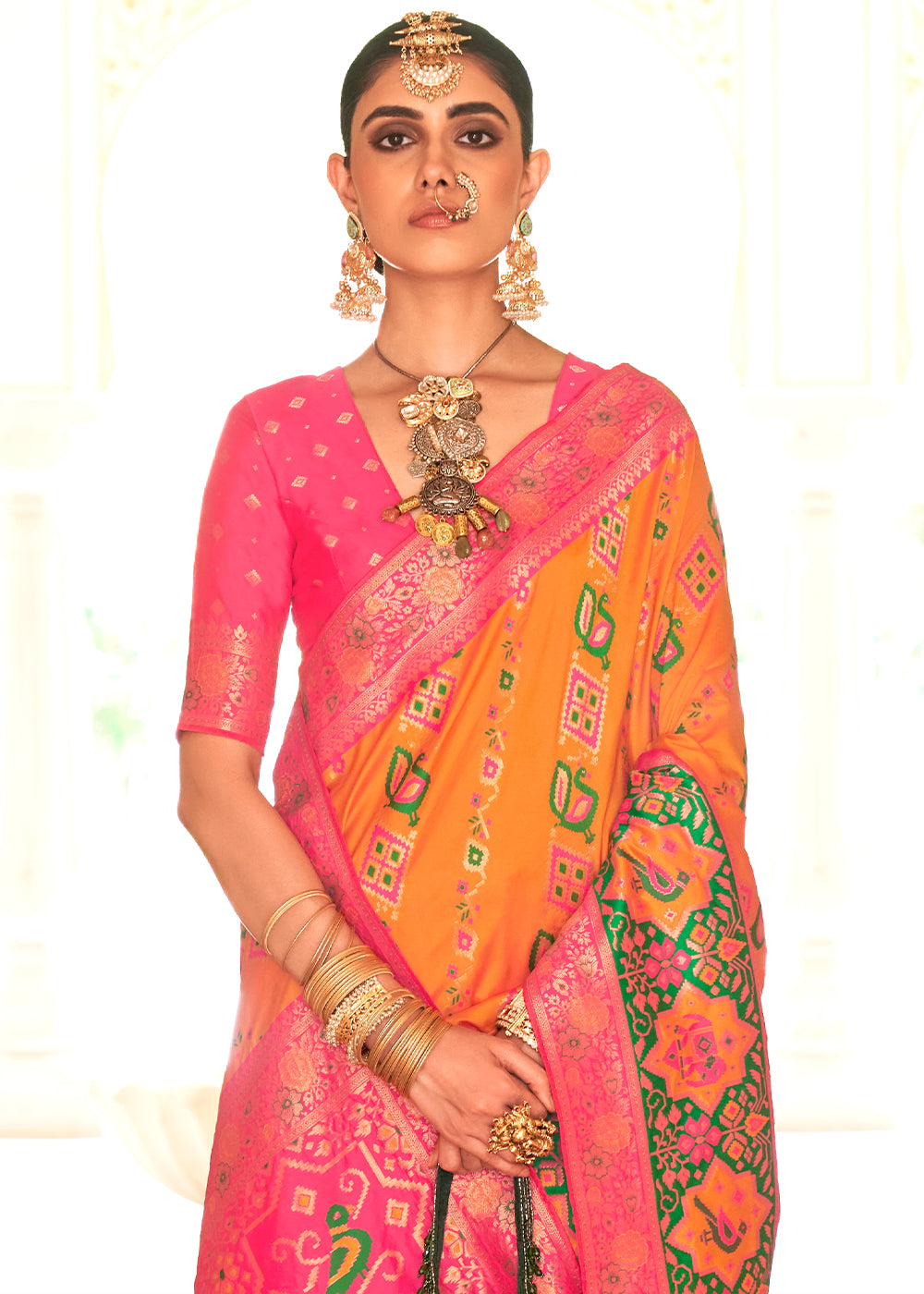 Chardonnay Orange and Pink Woven Banarasi Saree