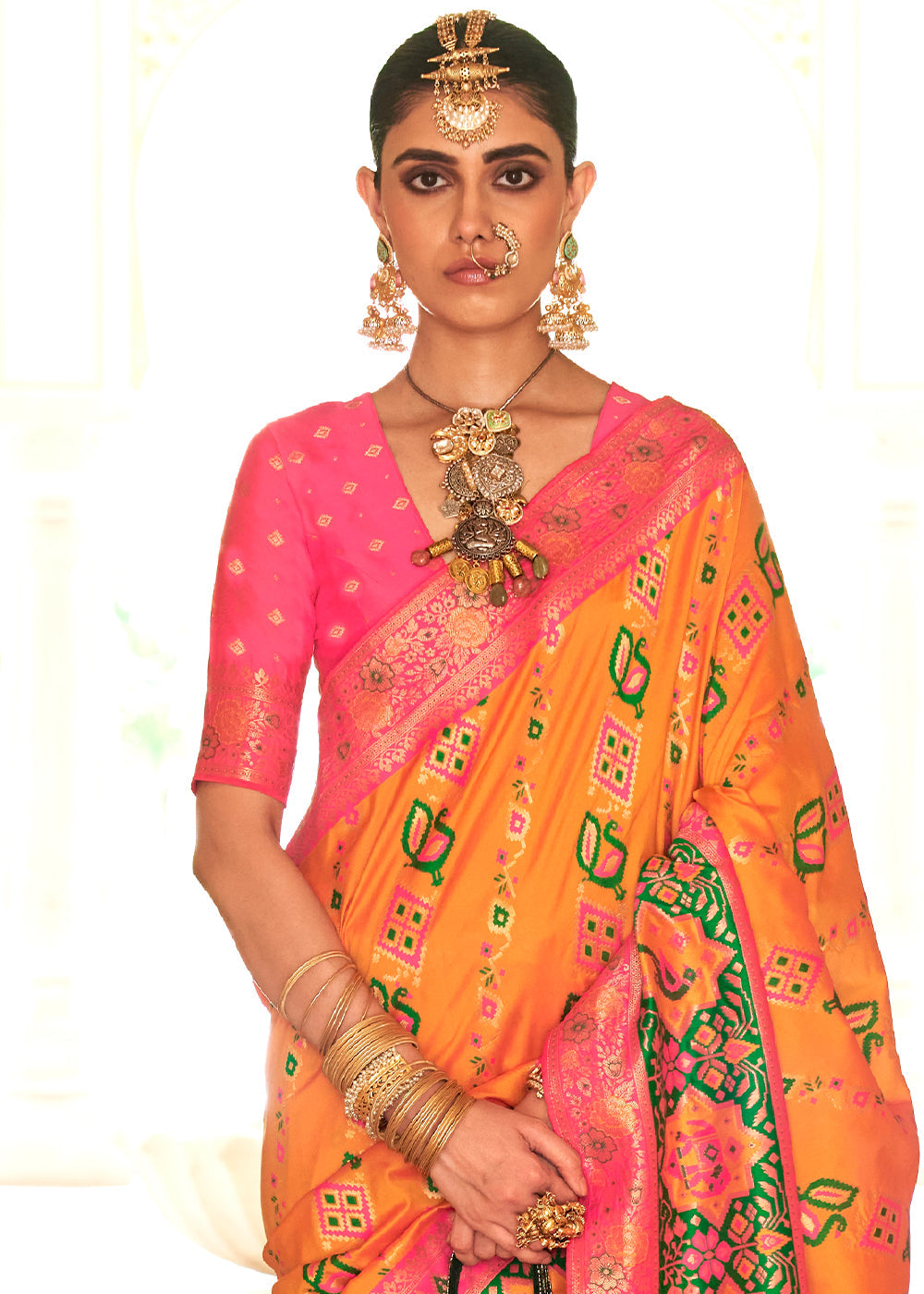 Chardonnay Orange and Pink Woven Banarasi Saree