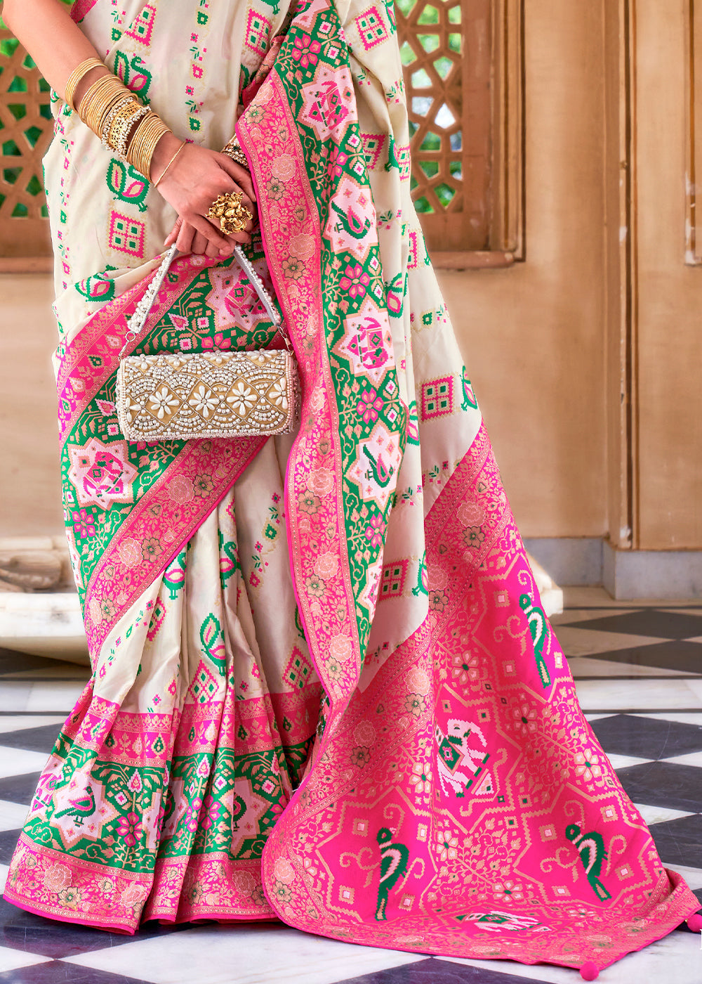 Pearl White and Pink Woven Banarasi Saree