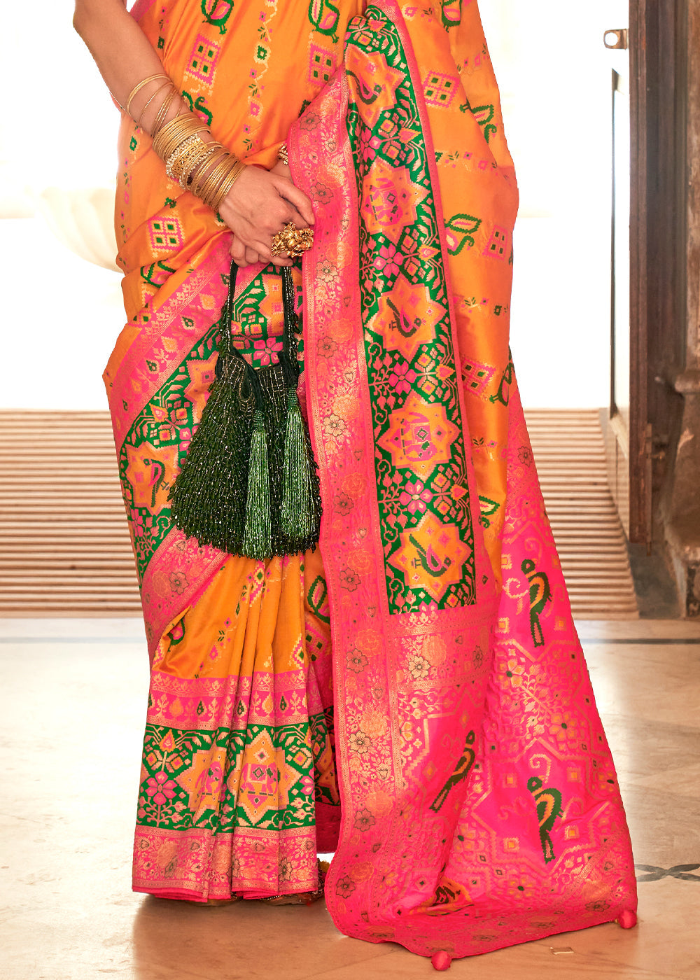 Chardonnay Orange and Pink Woven Banarasi Saree