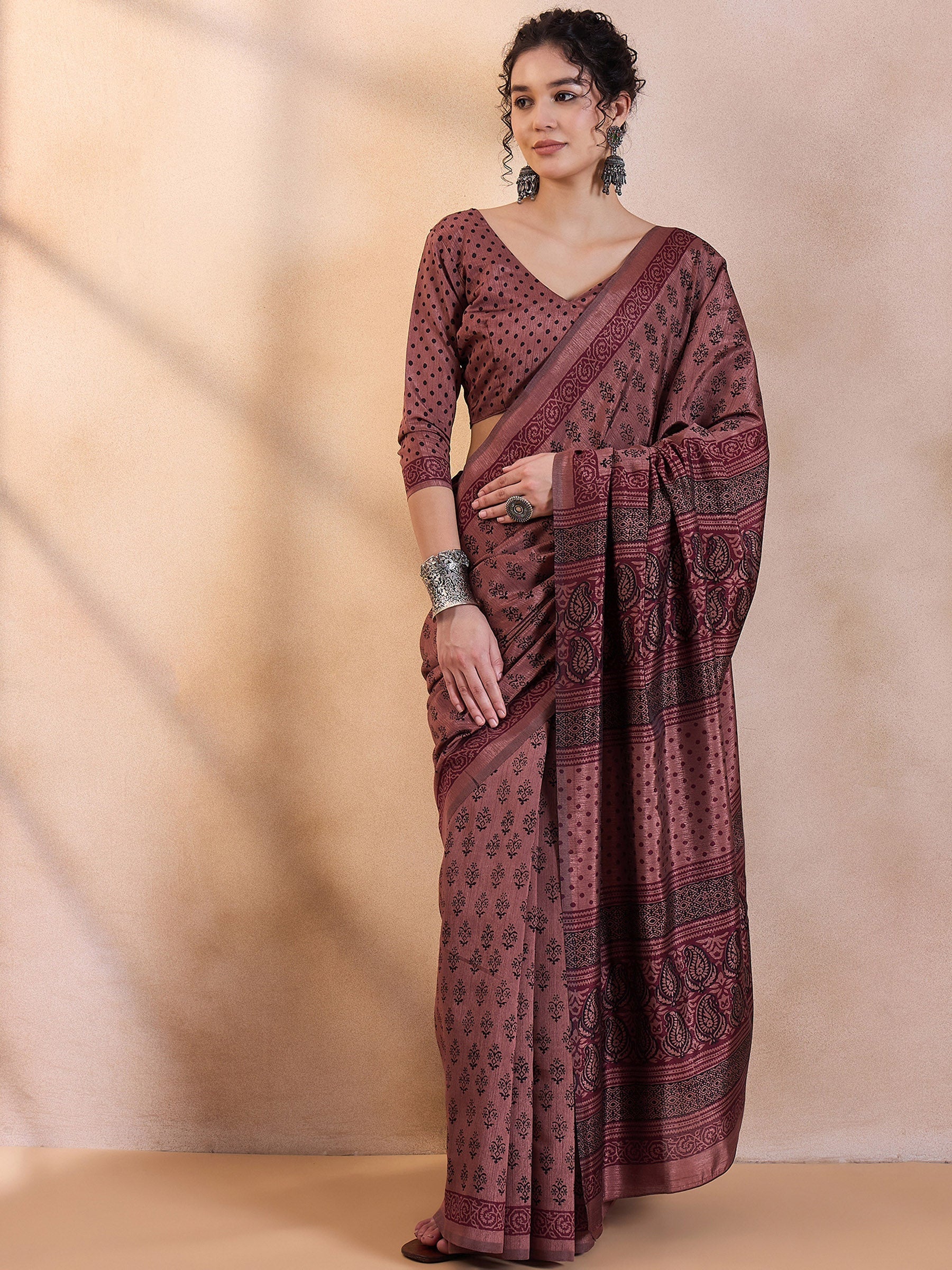 Coffee Brown Printed Dola Silk Saree