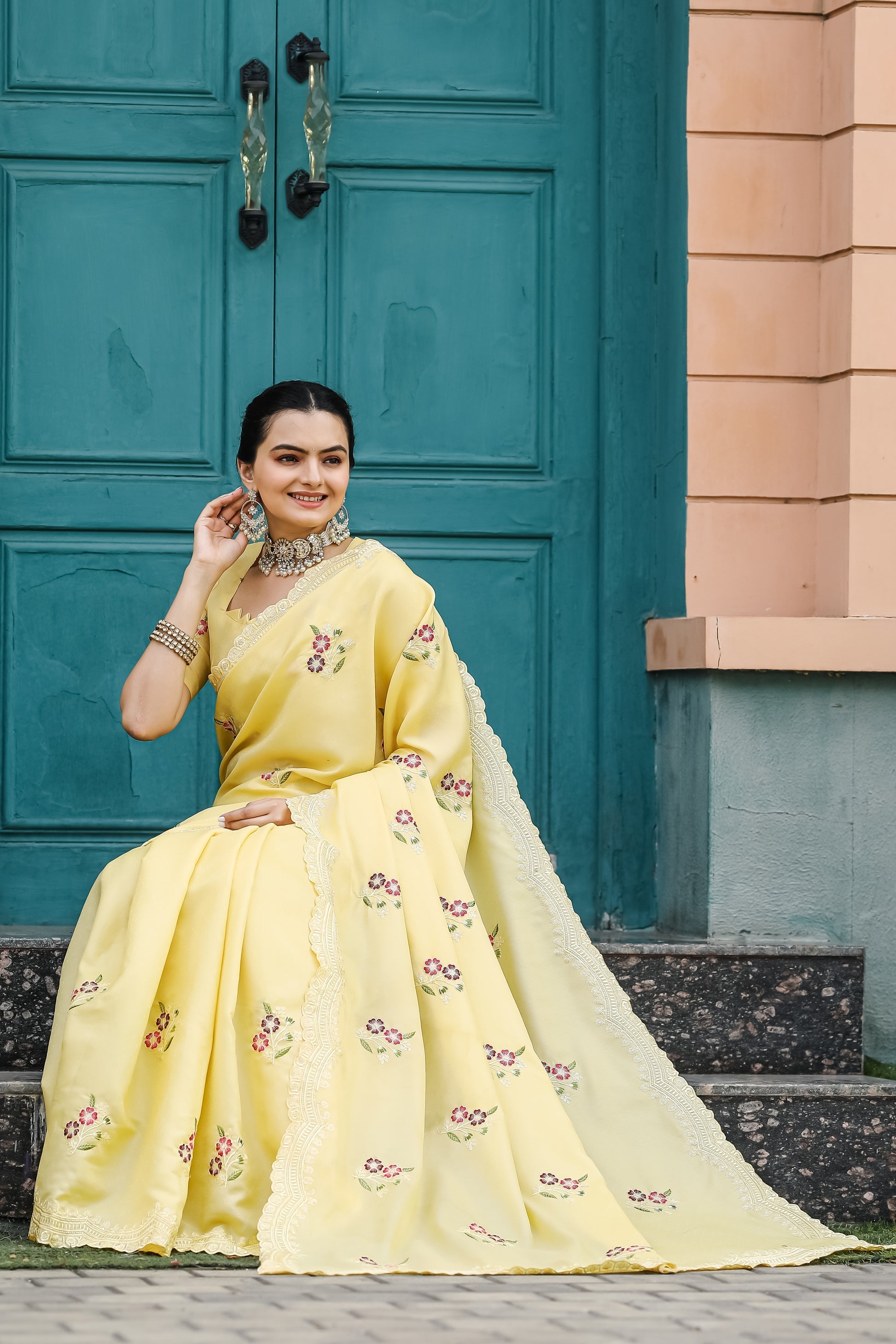 Pale Canary Yellow Embroidery Tussar Cotton Saree